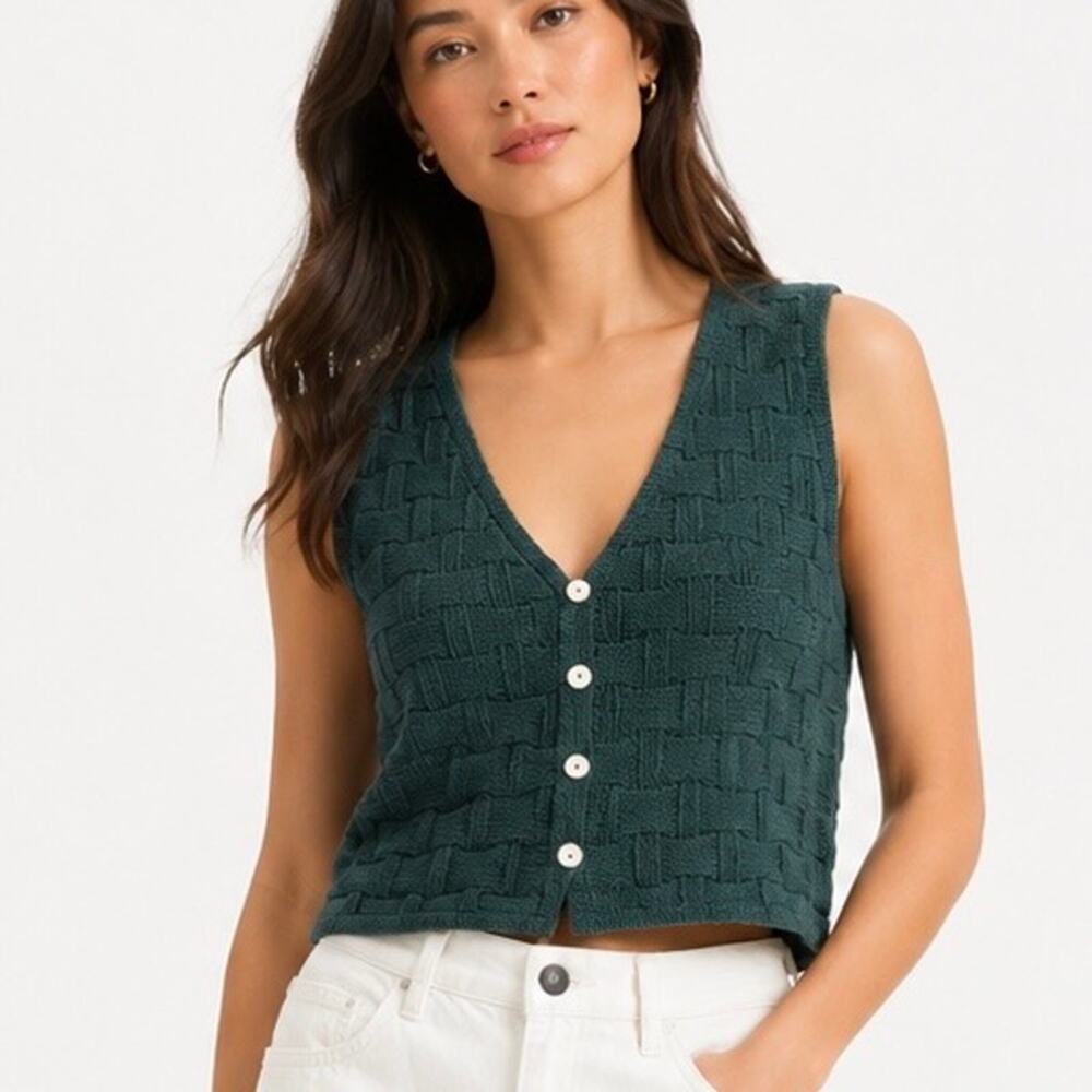Madewell Basketweave Stitch Vest Top Button Down Size S Dark Green